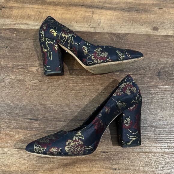 Antonio Melani Embroidered Silk Floral Block Pumps Heels Gold Glam Sz 8.5 - Picture 5 of 9
